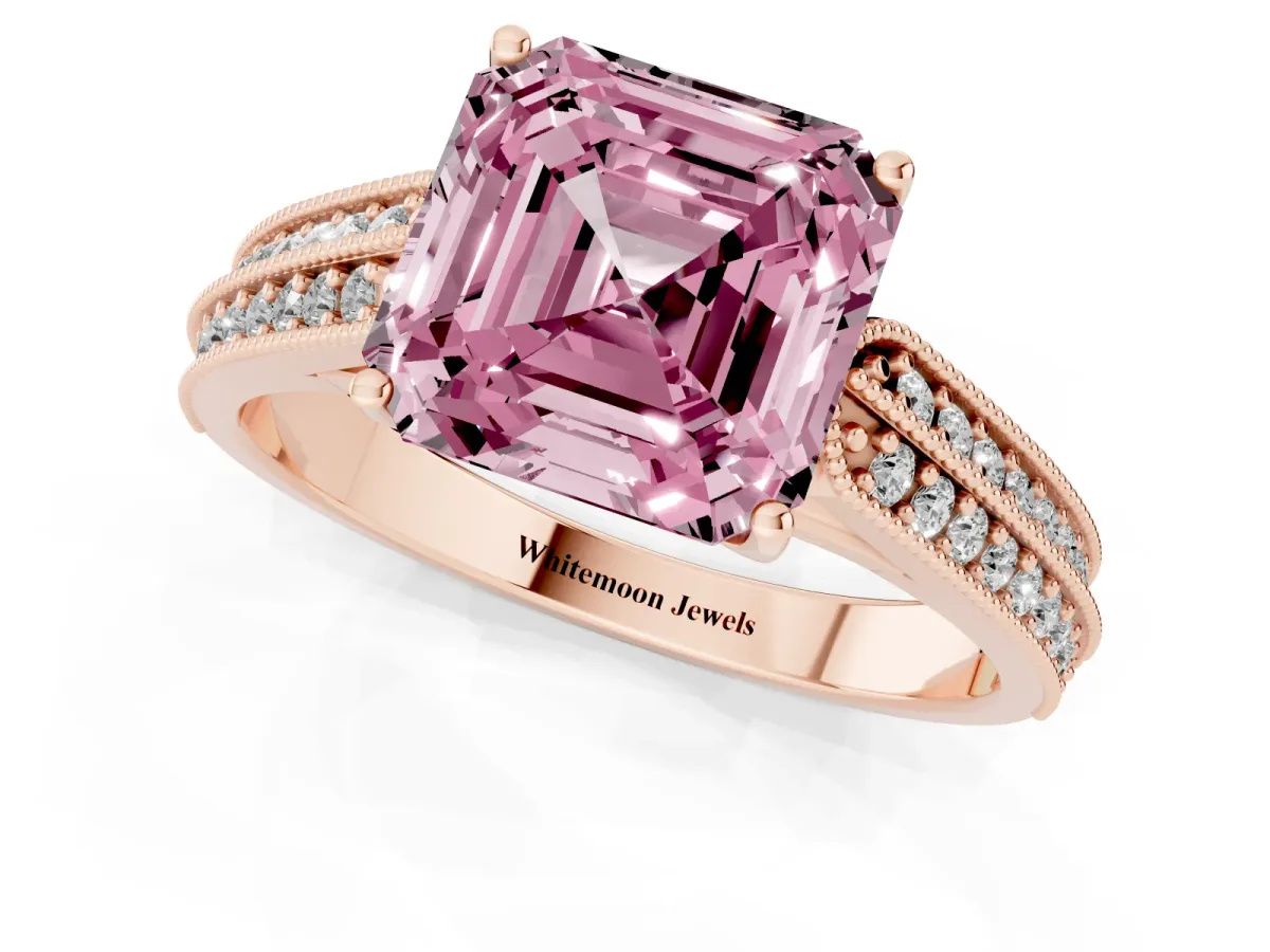 Fancy Pink Asscher Cut Cut Pave Split Shank Engagement Ring with Four-Prong Setting Rose gold