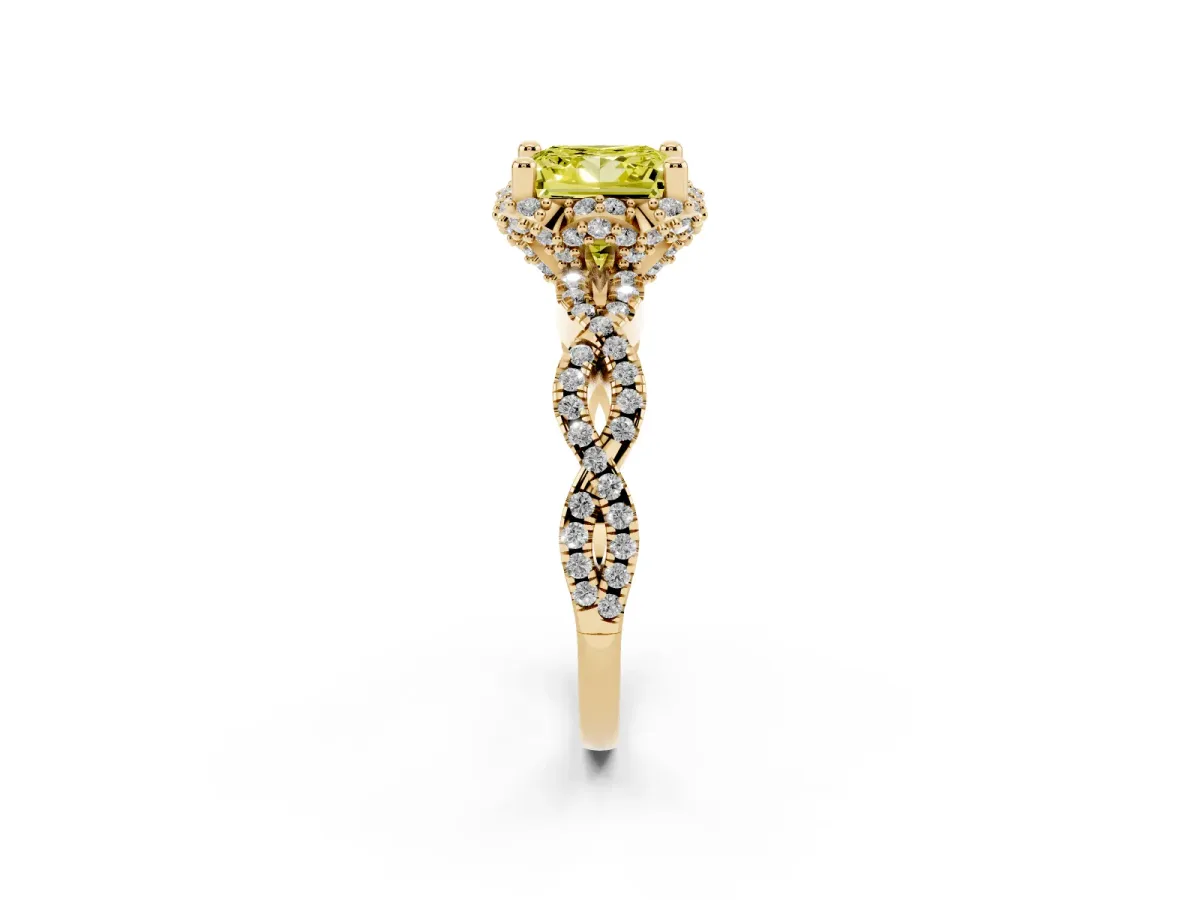 Fancy Yellow Princess Cut Halo Twist Band Solitaire Ring with Six-Prong Setting Yellow gold