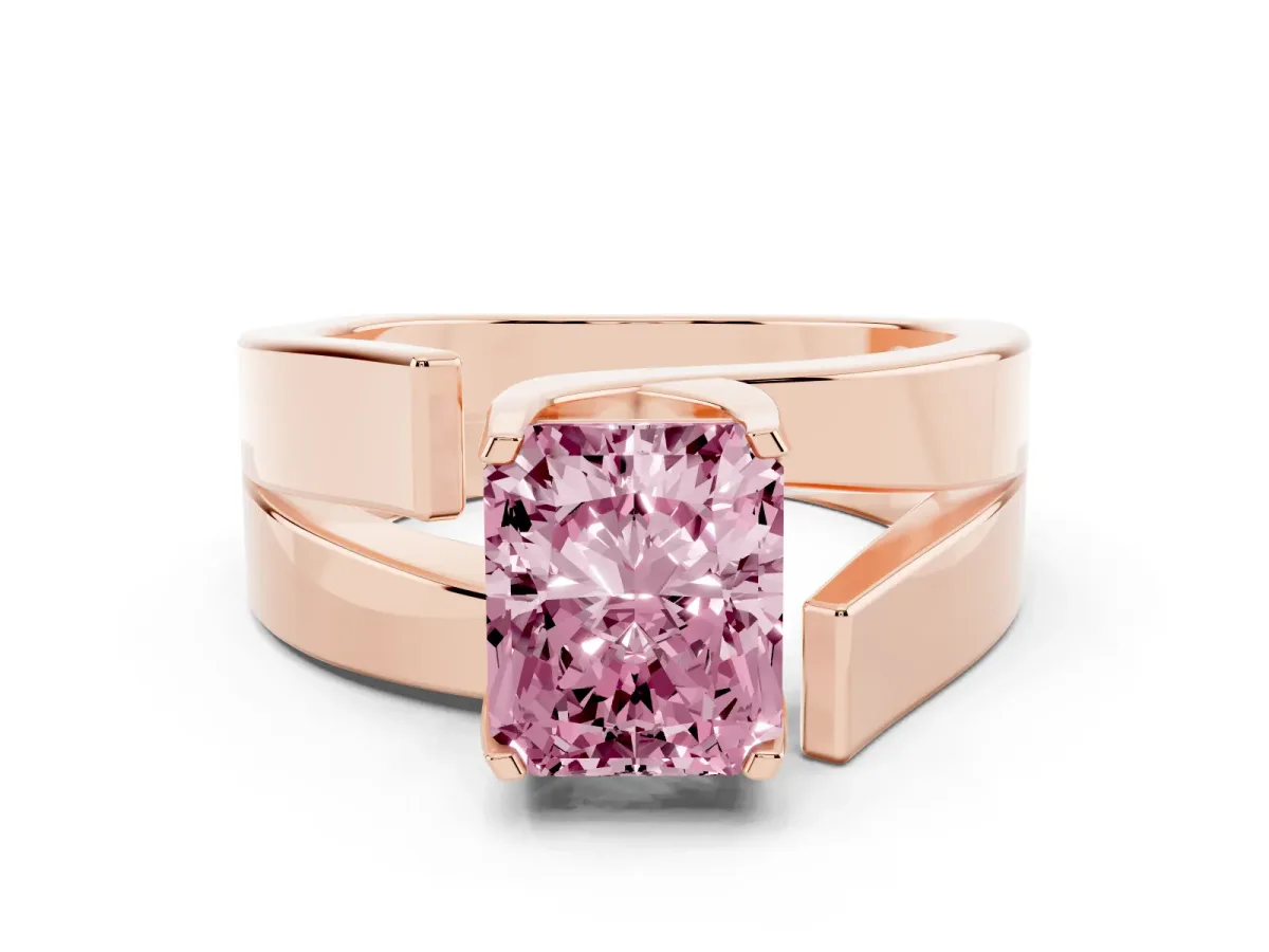 Fancy Pink Modern Tension Set Radiant Cut Diamond Solitaire Wide Band Ring Rose gold
