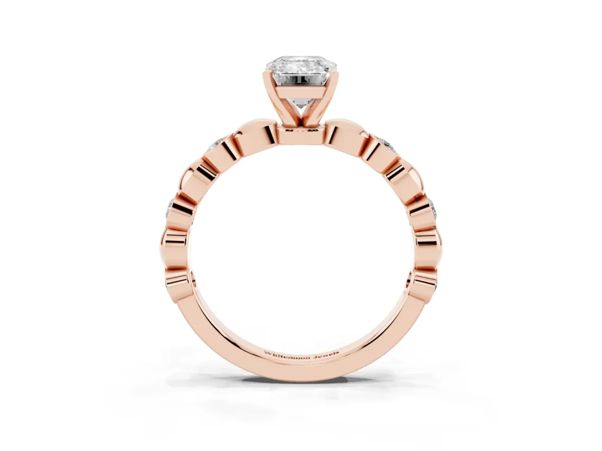 Emerald Cut Solitaire Bezel-Set Diamond Ring with Beaded Band and Four-Prong Setting Rose gold