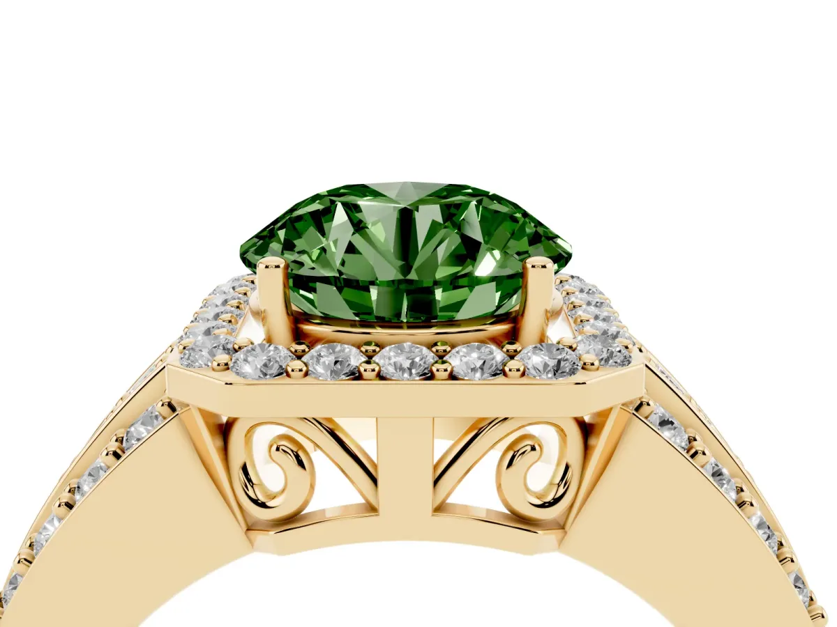 Fancy Green Round Cut Halo Diamond Ring with Round Split Shank and Prong Setting Yellow gold