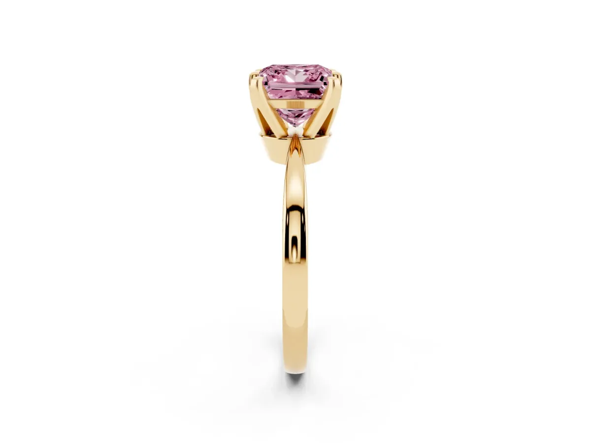 Fancy Pink Princess Cut Solitaire Engagement Ring with Six-Prong Setting and Tapered Band Yellow gold