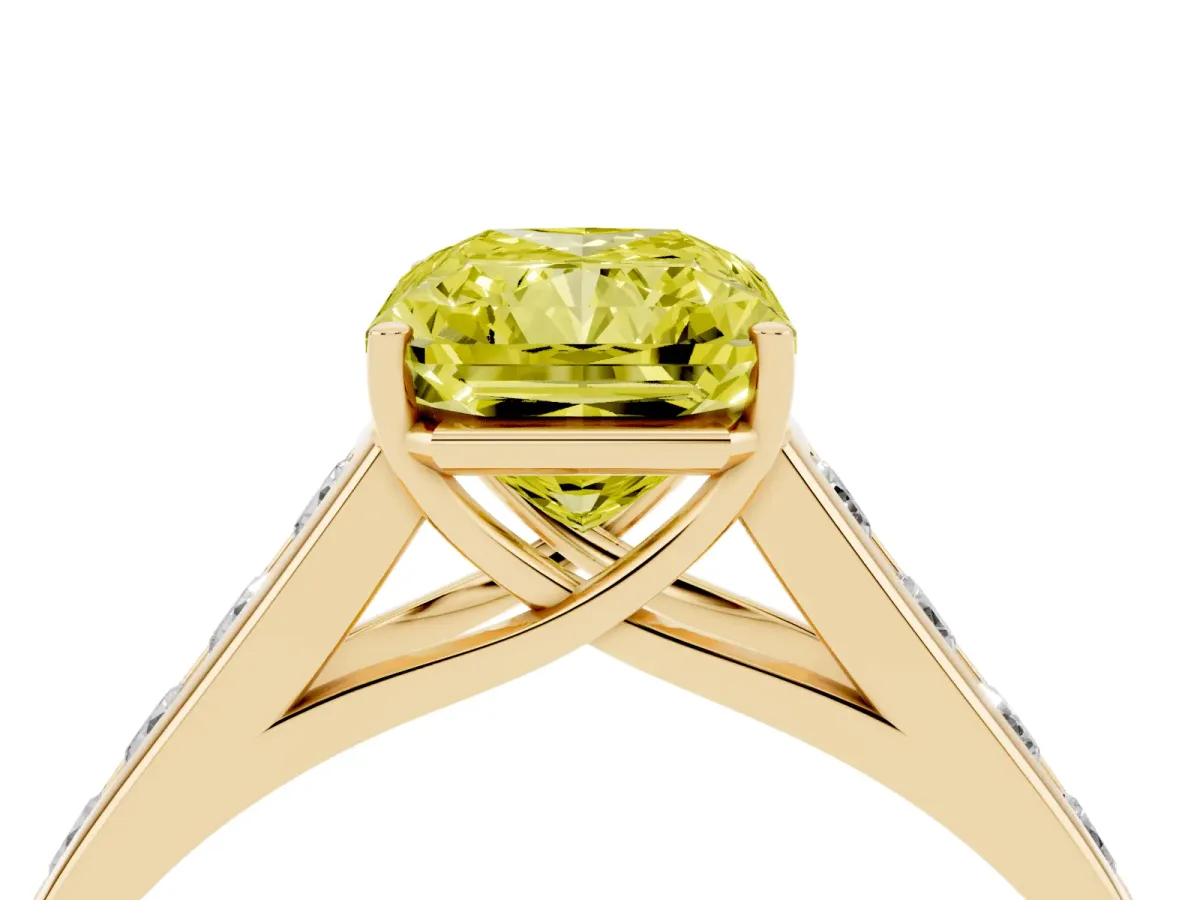 Fancy Yellow Radiant Cut Brilliant Channel-Set Solitaire Ring with Four-Prong Setting Yellow gold