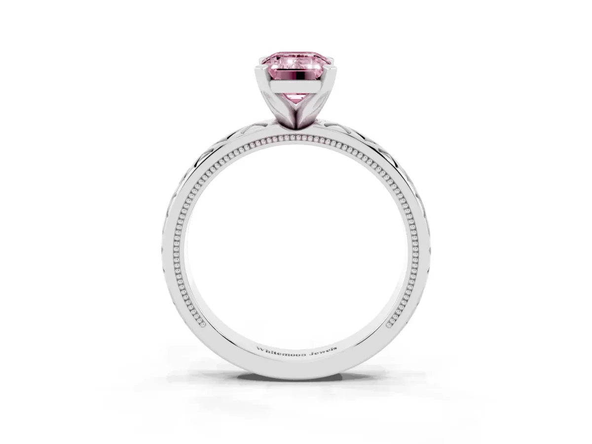 Fancy Pink Emerald Cut Solitaire Diamond Ring with Milgrain and Black Enamel X Pattern Band Platinum