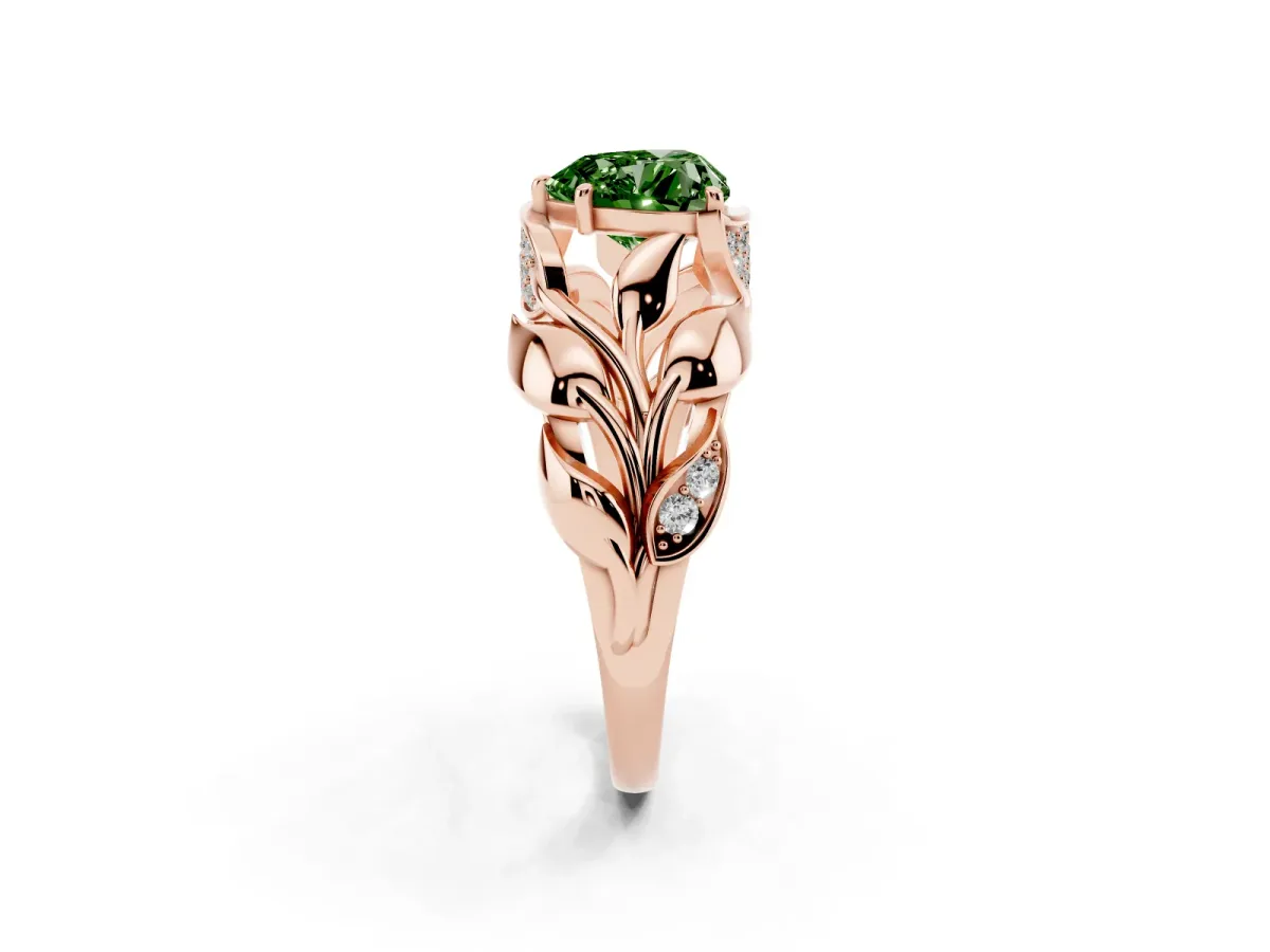 Fancy Green Heart Cut Diamond Leaf-Inspired Engagement Ring with Round Accents and Prong Setting Rose gold