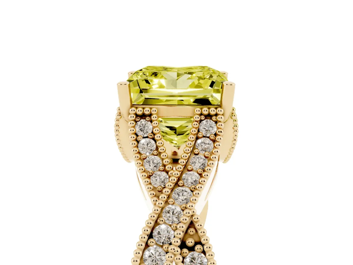 Fancy Yellow Princess Cut Cut Diamond Twisted Band with Milgrain Pave Setting and Four-Prong Setting Yellow gold