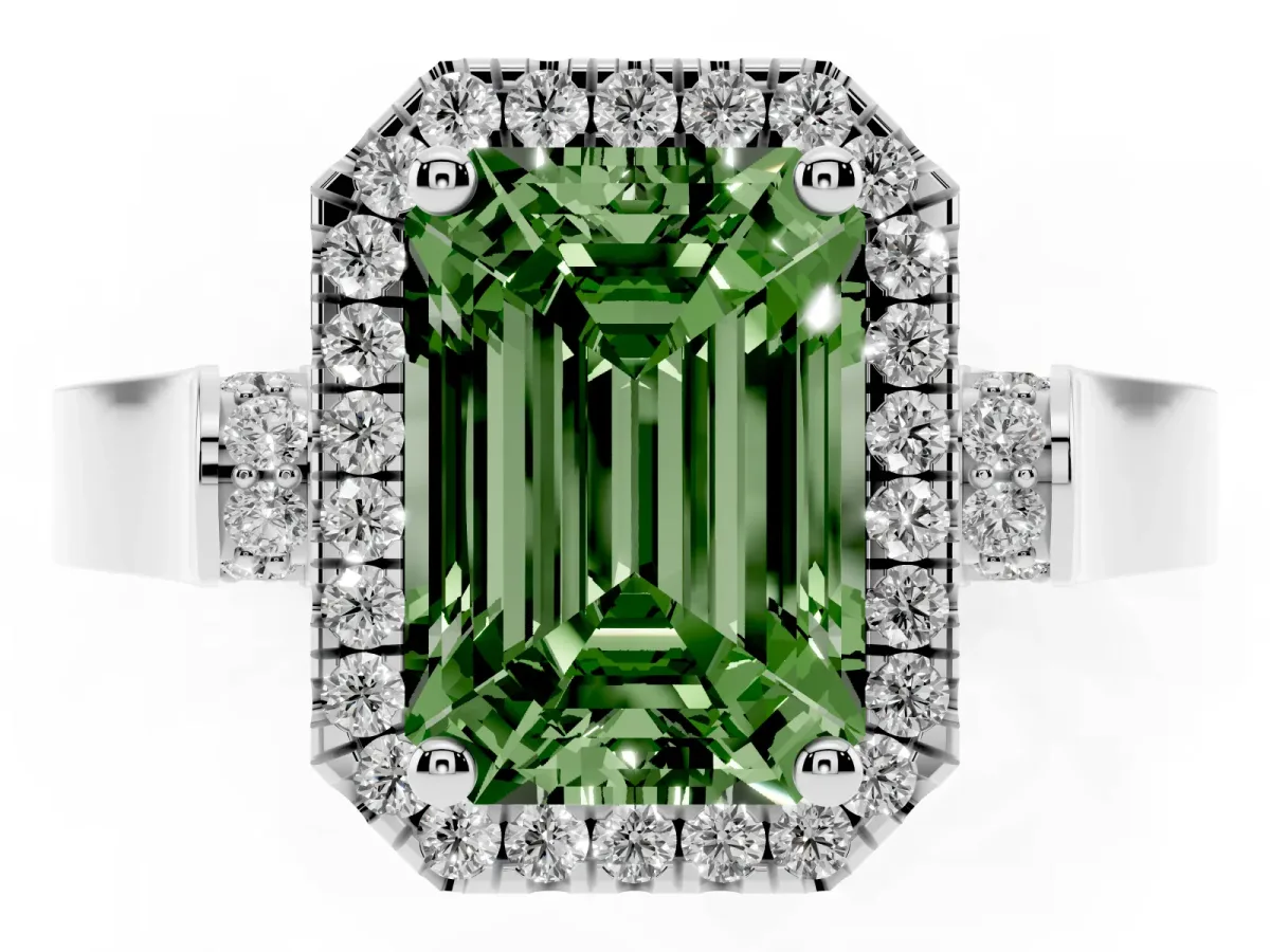Fancy Green Emerald Cut Halo Round Diamond Twist Band with Four-Prong Setting White gold