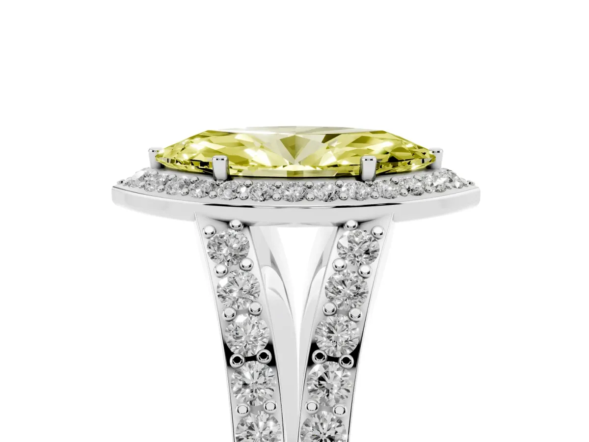 Fancy Yellow Marquise Cut Diamond Split Shank Halo Ring with Four-Prong Setting Silver