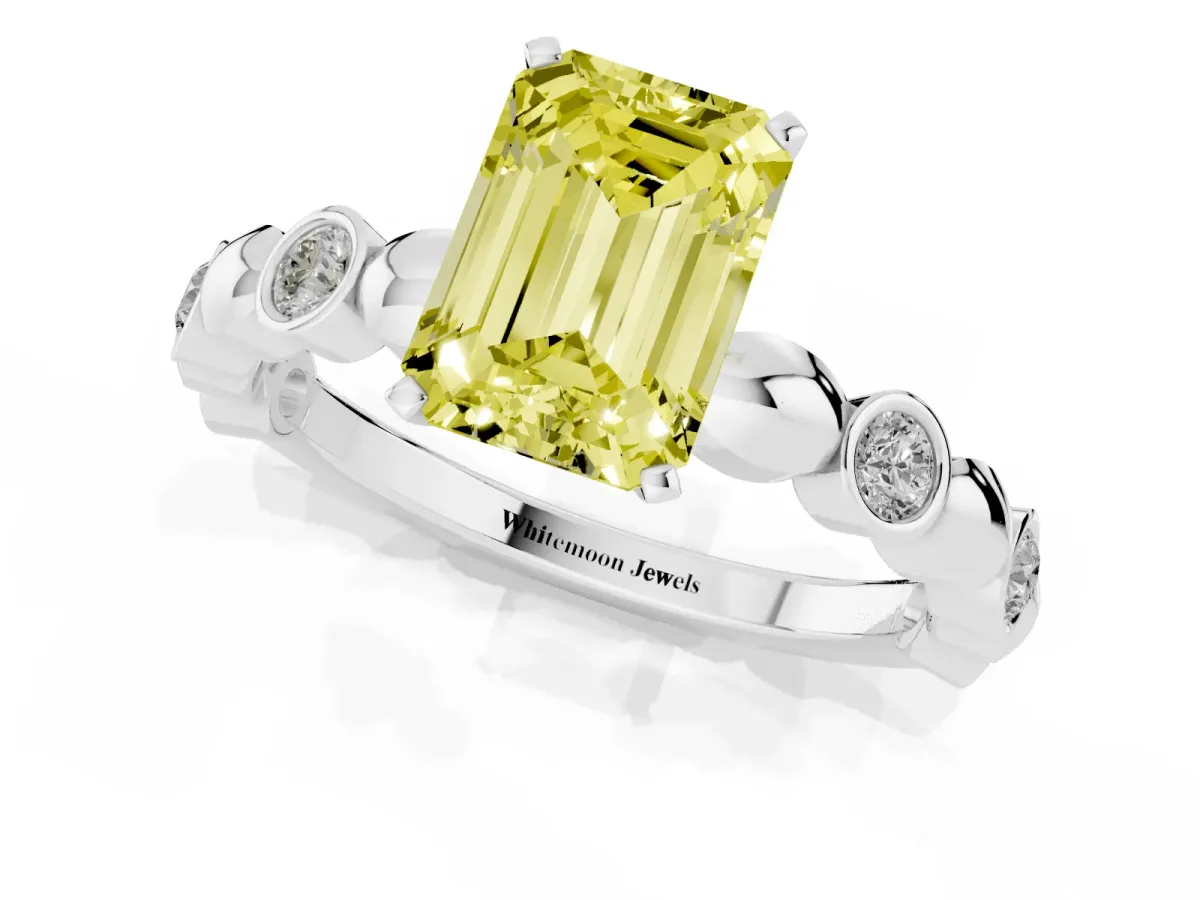 Fancy Yellow Emerald Cut Solitaire Bezel-Set Diamond Ring with Beaded Band and Four-Prong Setting Silver