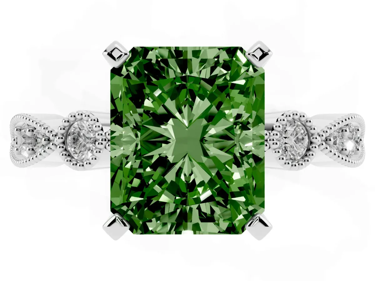 Fancy Green Radiant Cut Milgrain Bezel Diamond Engagement Ring with Solitaire Prong Setting Silver