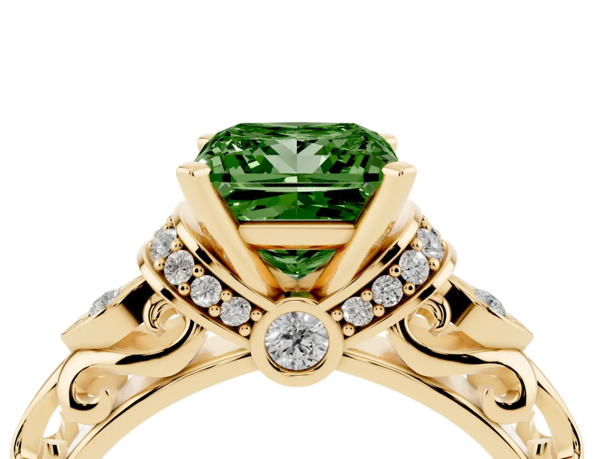 Fancy Green Princess Cut Diamond Solitaire Ring with Filigree Band and Four-Prong Setting Yellow gold