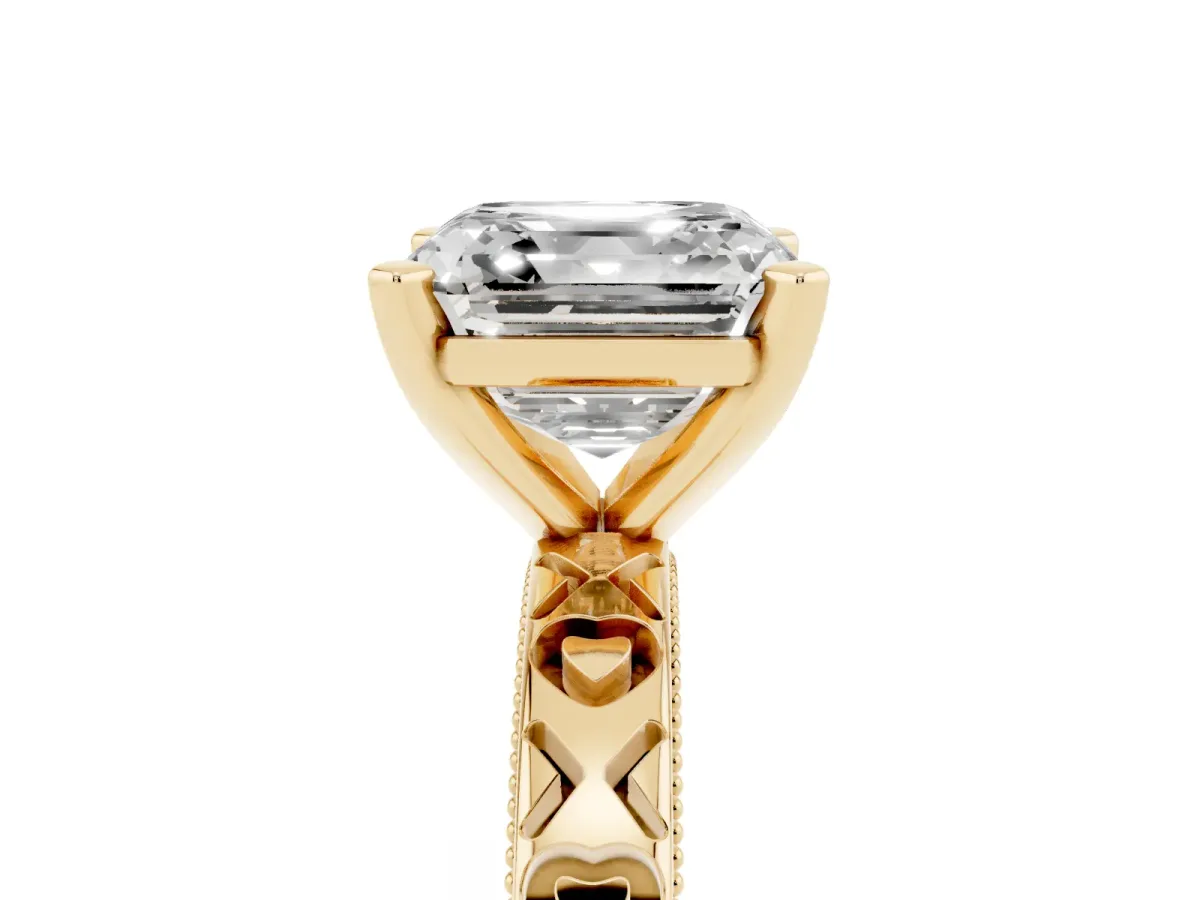 Asscher Cut Solitaire Diamond Engagement Ring with XO Engraved Band and Four-Prong Setting Yellow gold