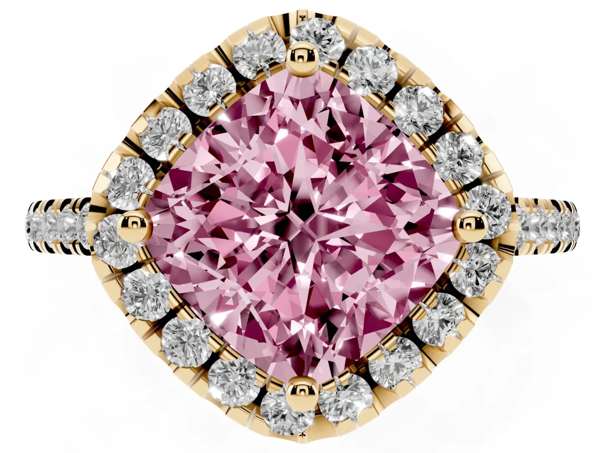 Fancy Pink Cushion Cut Diamond Cushion Halo Ring with Pavé Band Yellow gold