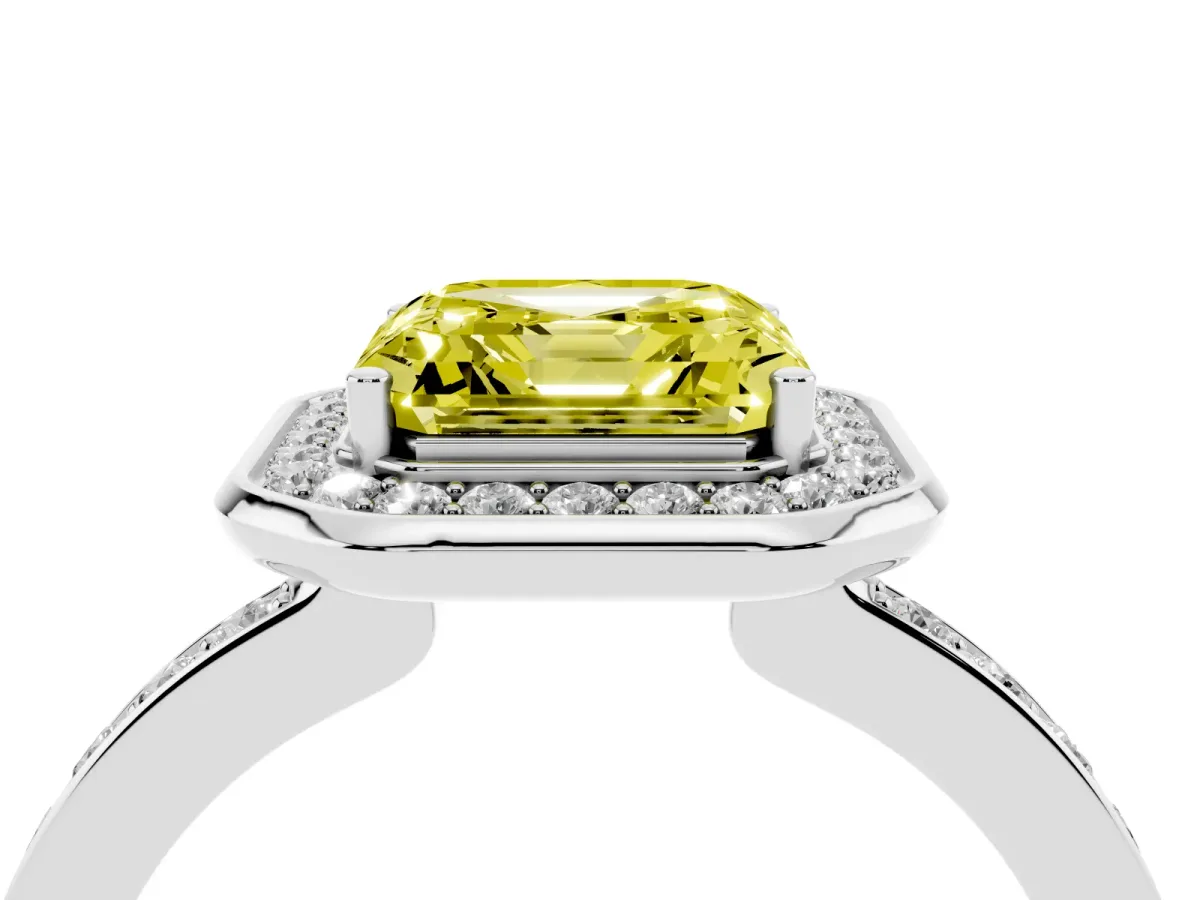 Fancy Yellow Asscher Cut Diamond Halo Ring with Bezel Frame and Pavé Band Silver