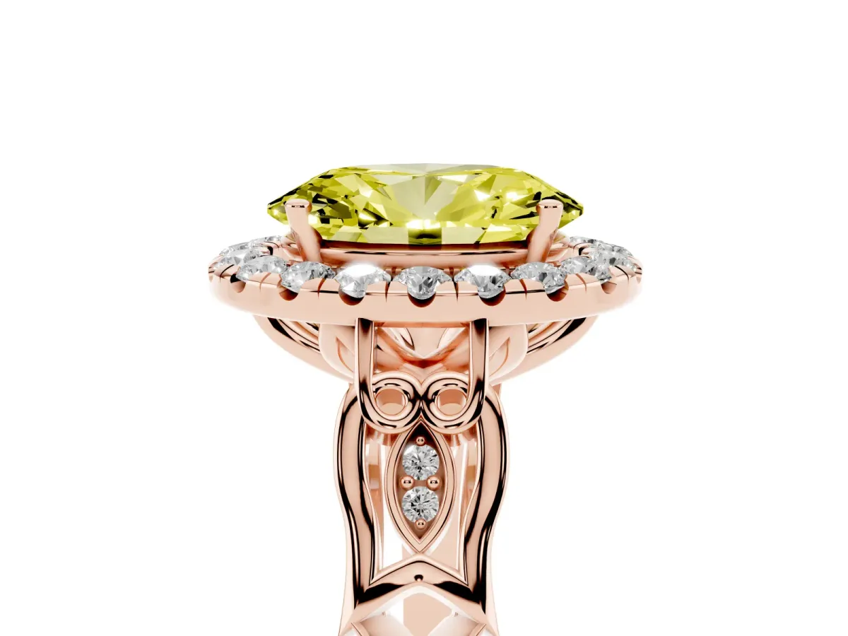 Fancy Yellow Oval Cut Halo Diamond Engagement Ring with Filigree Band and Four-Prong Setting Rose gold