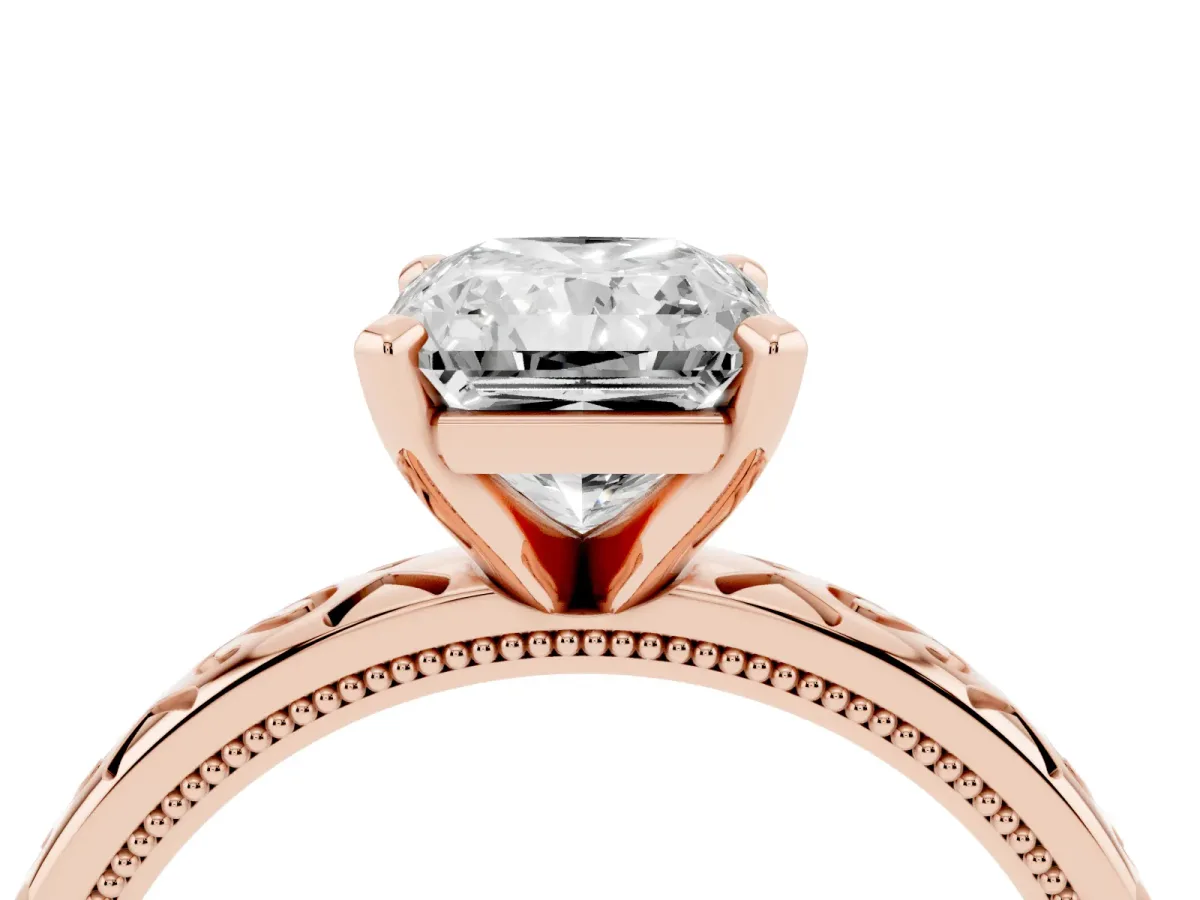 Radiant Cut Solitaire Engagement Ring with Scrollwork Band and Four-Prong Setting Rose gold