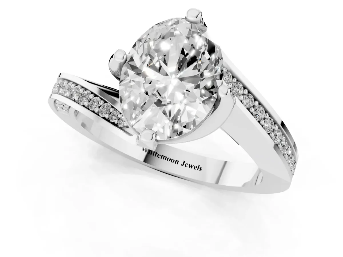 Oval Cut Solitaire Diamond Twist Band with Pavé Setting and Four-Prong Setting Silver