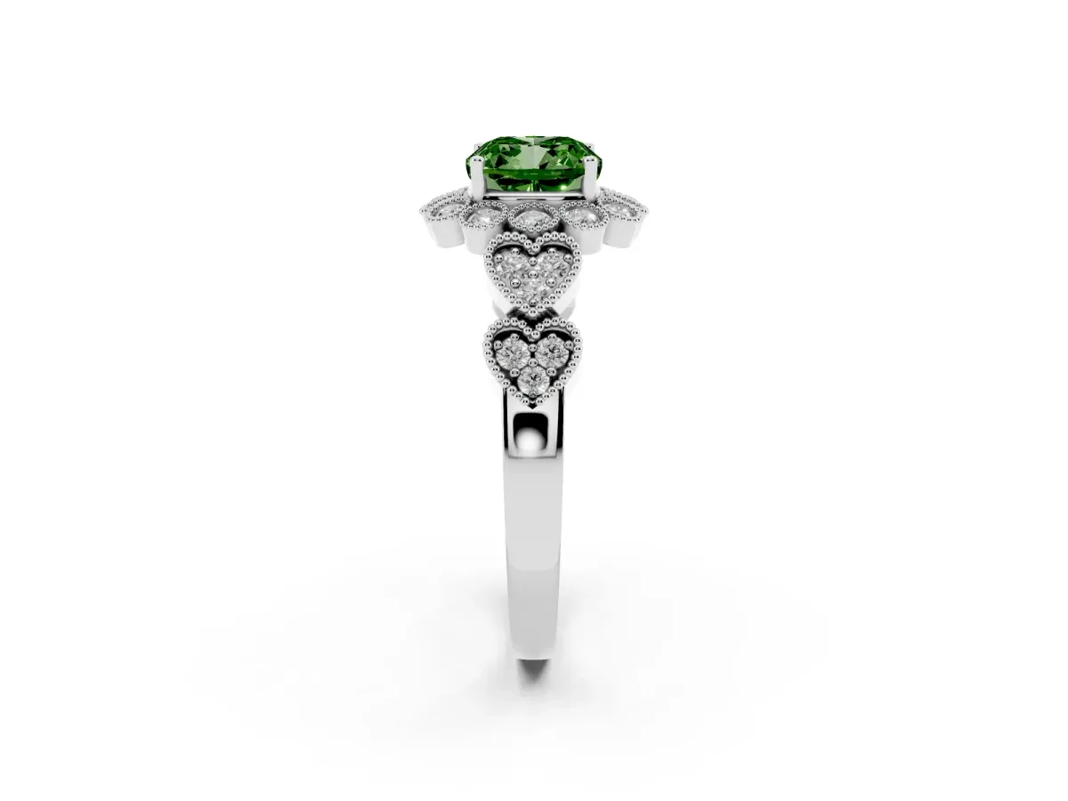 Fancy Green Cushion Cut Brilliant Milgrain Pave Heart Band Solitaire Ring Silver