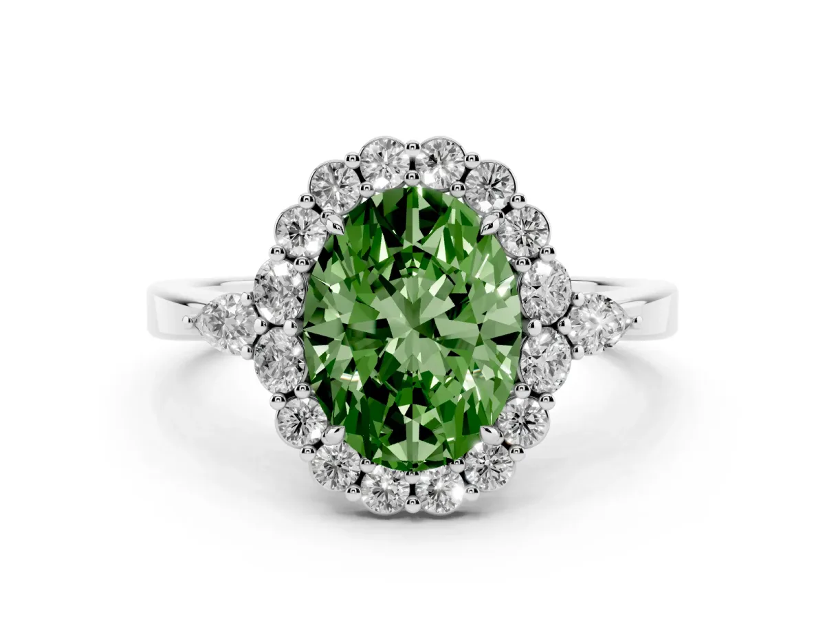 Fancy Green Oval Cut Diamond Halo Ring with Pear Side Stones and Prong Setting Silver
