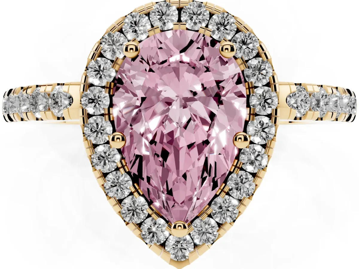 Fancy Pink Pear Cut Halo Diamond Engagement Ring with Pavé Band and Four-Prong Setting Yellow gold