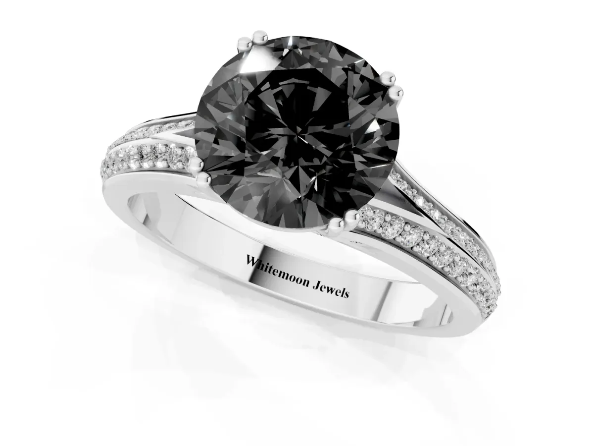 Fancy Black Round Cut Diamond Split Shank Engagement Ring with Pavé Band Silver