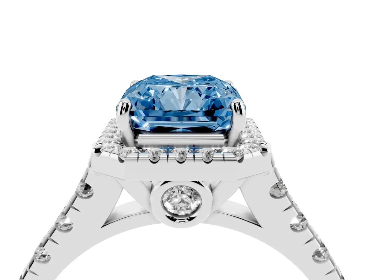 Fancy Blue Radiant Cut Halo Pavé Diamond Engagement Ring with Four-Prong Setting Silver