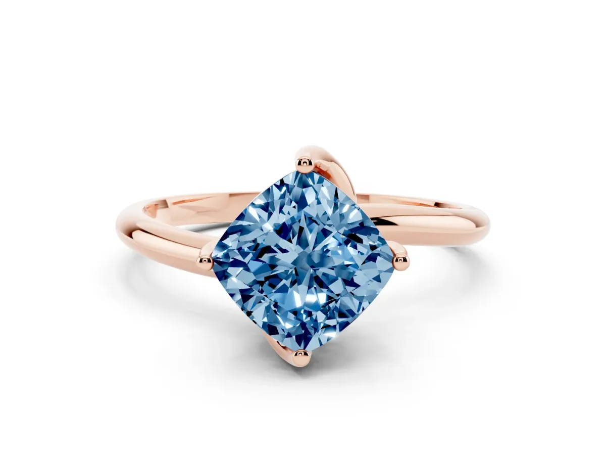 Fancy Blue Cushion Cut Diamond Solitaire Engagement Ring with Four-Prong Setting and Classic Band Rose gold