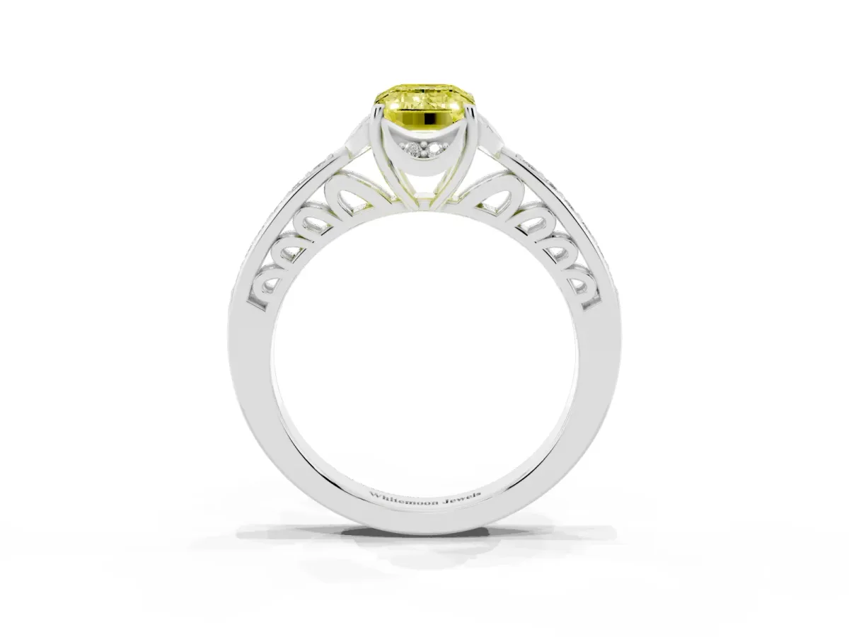 Fancy Yellow Emerald Cut Cut Halo Diamond Ring with Channel Set Band and Four-Prong Setting White gold