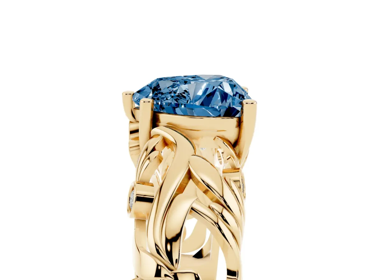 Fancy Blue Heart Cut Solitaire Diamond Leaf-Inspired Vine Band Ring with Prong Setting Yellow gold