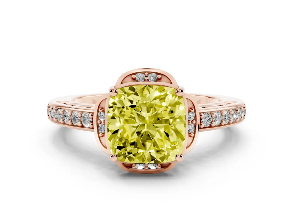 Fancy Yellow Cushion Cut Cut Halo Diamond Ring with Channel Set Band and Four-Prong Setting Rose gold