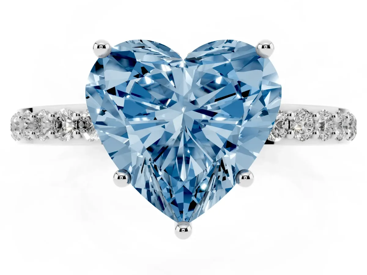 Fancy Blue Heart Cut Diamond Solitaire Ring with Pavé Band and Hidden Halo Platinum