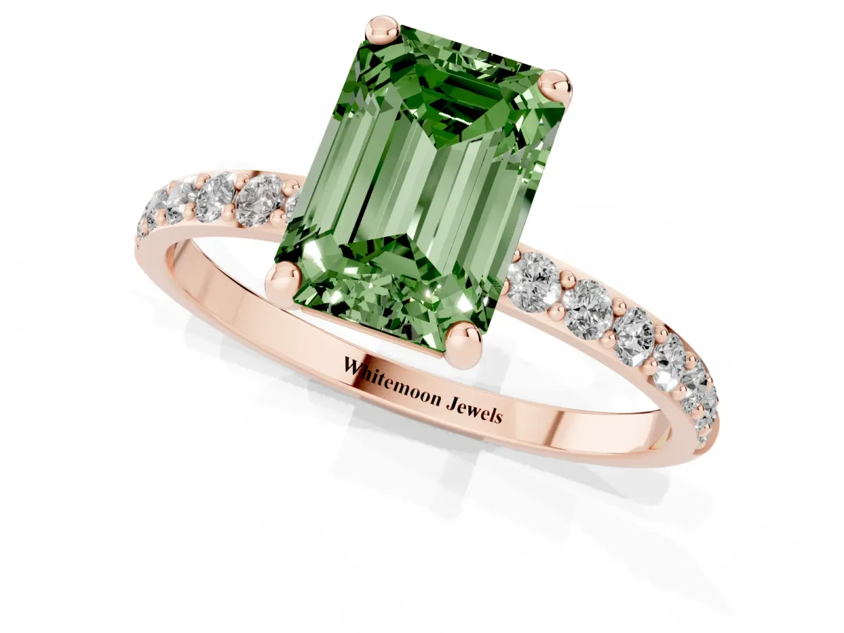 Fancy Green Emerald Cut Diamond Solitaire Ring with Round Pavé Band and Prong Setting Rose gold