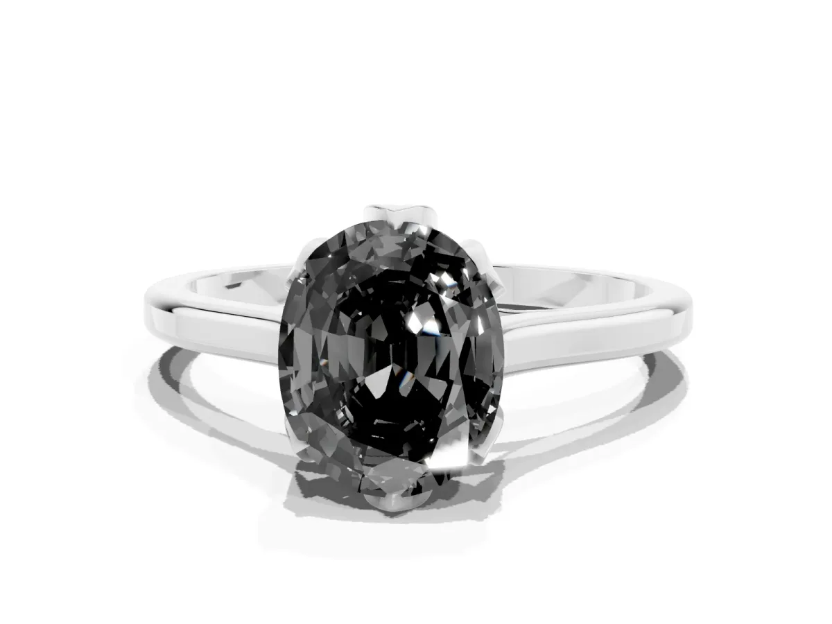 Fancy Black Oval Cut Diamond Solitaire Ring with Flower Prong Setting and Classic Band Silver
