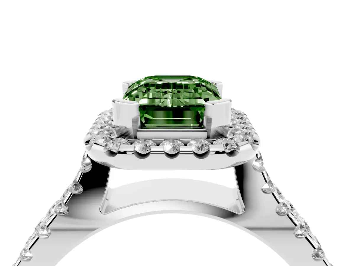 Fancy Green Emerald Cut Diamond Halo Ring with Split Shank Pavé Band and Prong Setting Silver