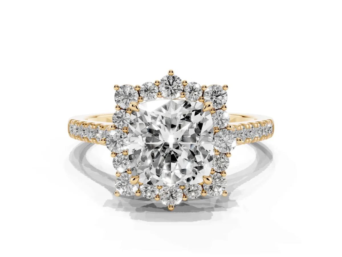 Cushion Cut Halo Diamond Ring with Pavé Band and Prong Setting Yellow gold