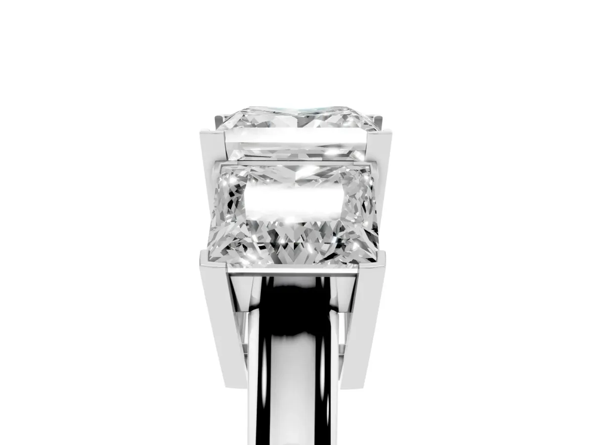 Three-Stone Princess Cut Cut Diamond Ring with Channel Set Band and Four-Prong Setting Silver