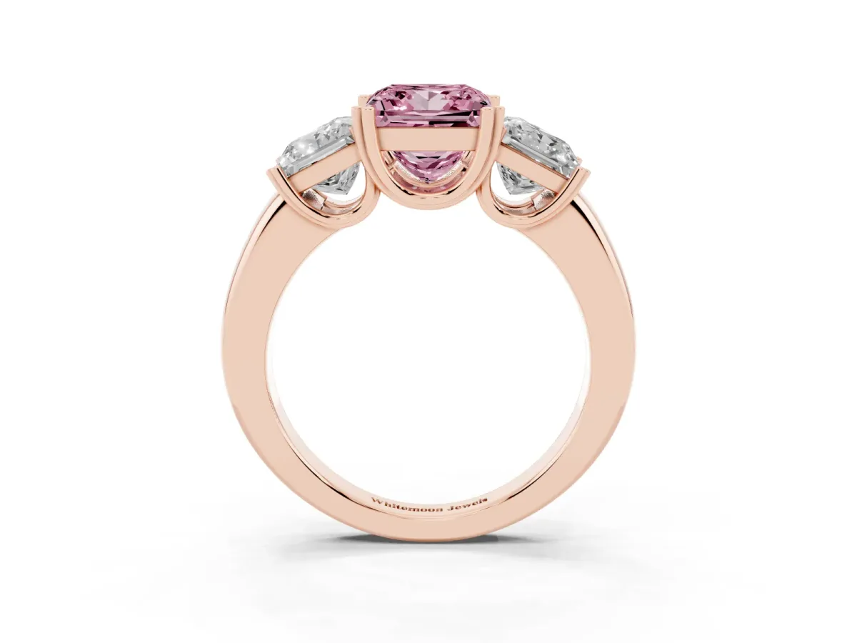 Fancy Pink Three-Stone Princess Cut Cut Diamond Ring with Channel Set Band and Four-Prong Setting Rose gold
