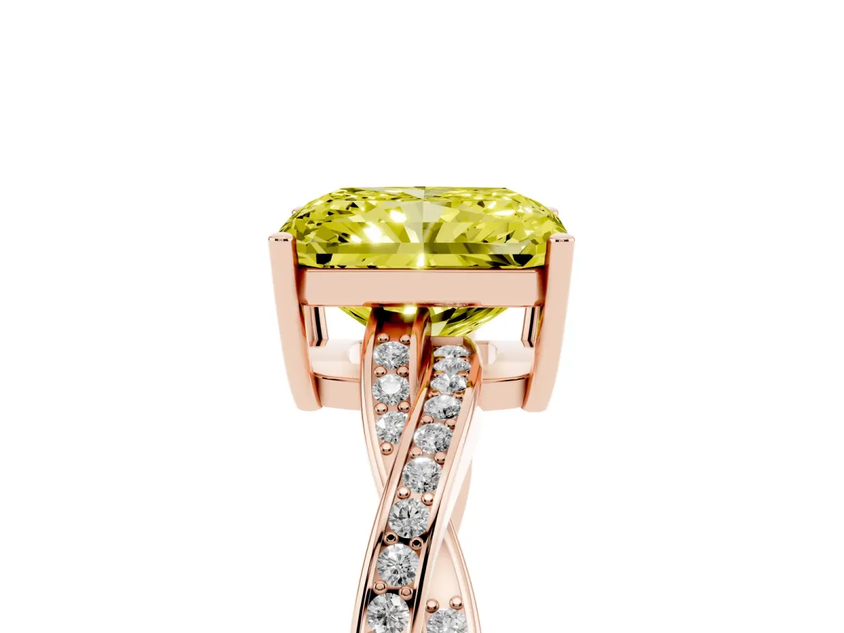 Fancy Yellow Radiant Cut Solitaire Twisted Pave Diamond Ring with Four-Prong Setting Rose gold