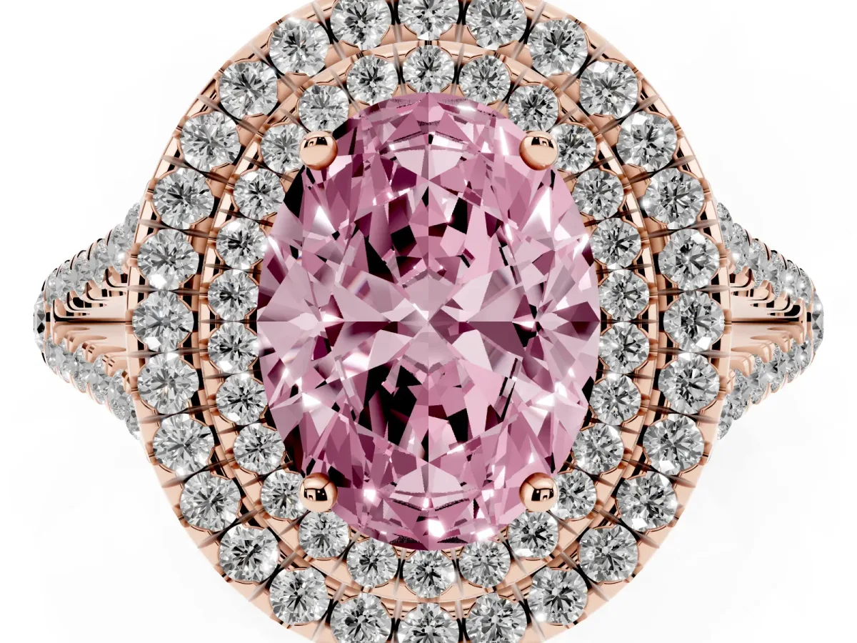 Fancy Pink Oval Cut Diamond Double Halo Ring with Pavé Band and Prong Setting Rose gold
