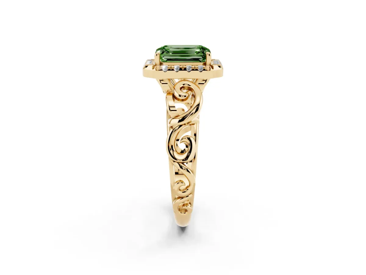 Fancy Green Emerald Cut Cut Halo Diamond Ring with Scrollwork Band and Four-Prong Setting Yellow gold