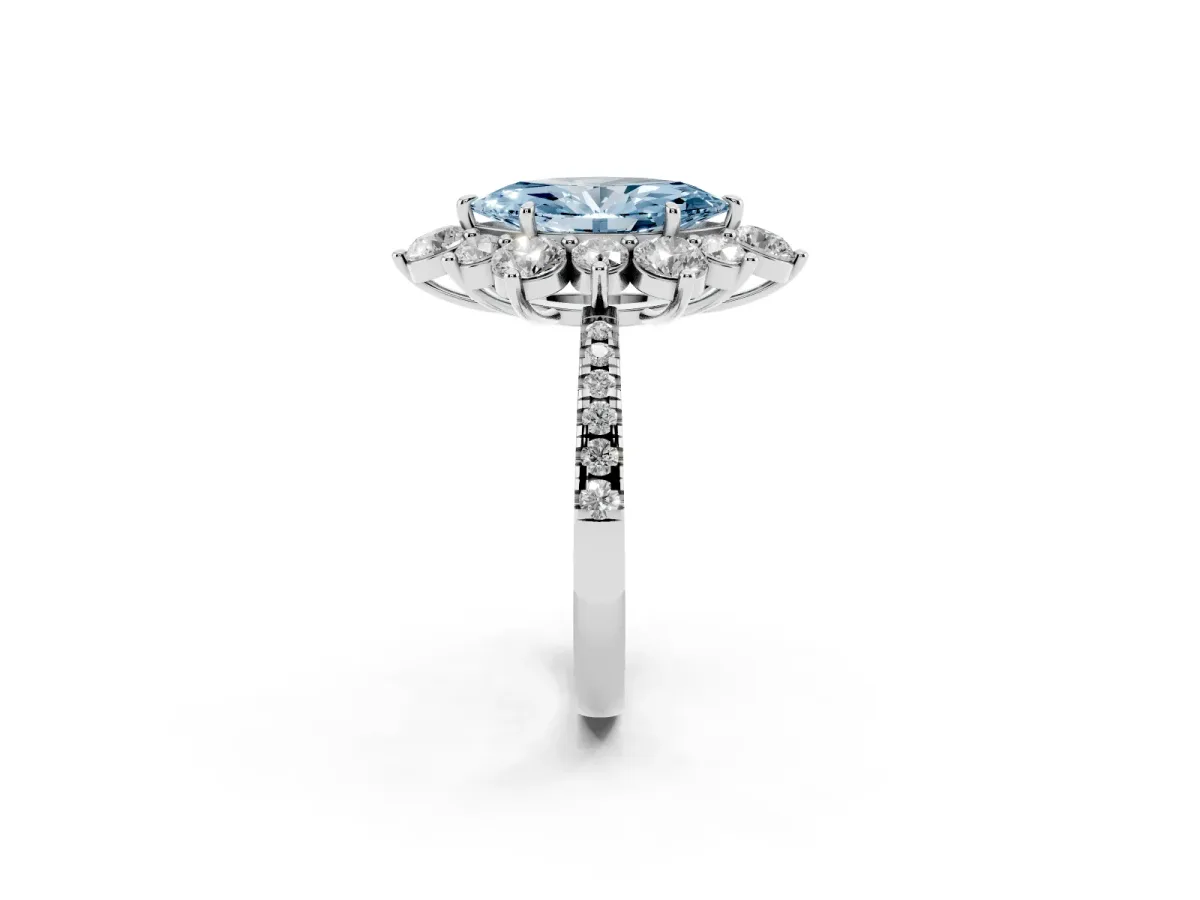 Fancy Blue Marquise Cut Diamond Floral Halo Ring with Round Pavé Band and Prong Setting White gold
