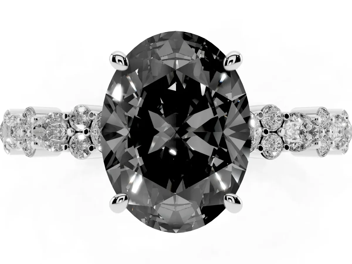 Fancy Black Oval Cut Diamond Side Stone Solitaire Ring with Round and Four-Prong Setting Silver