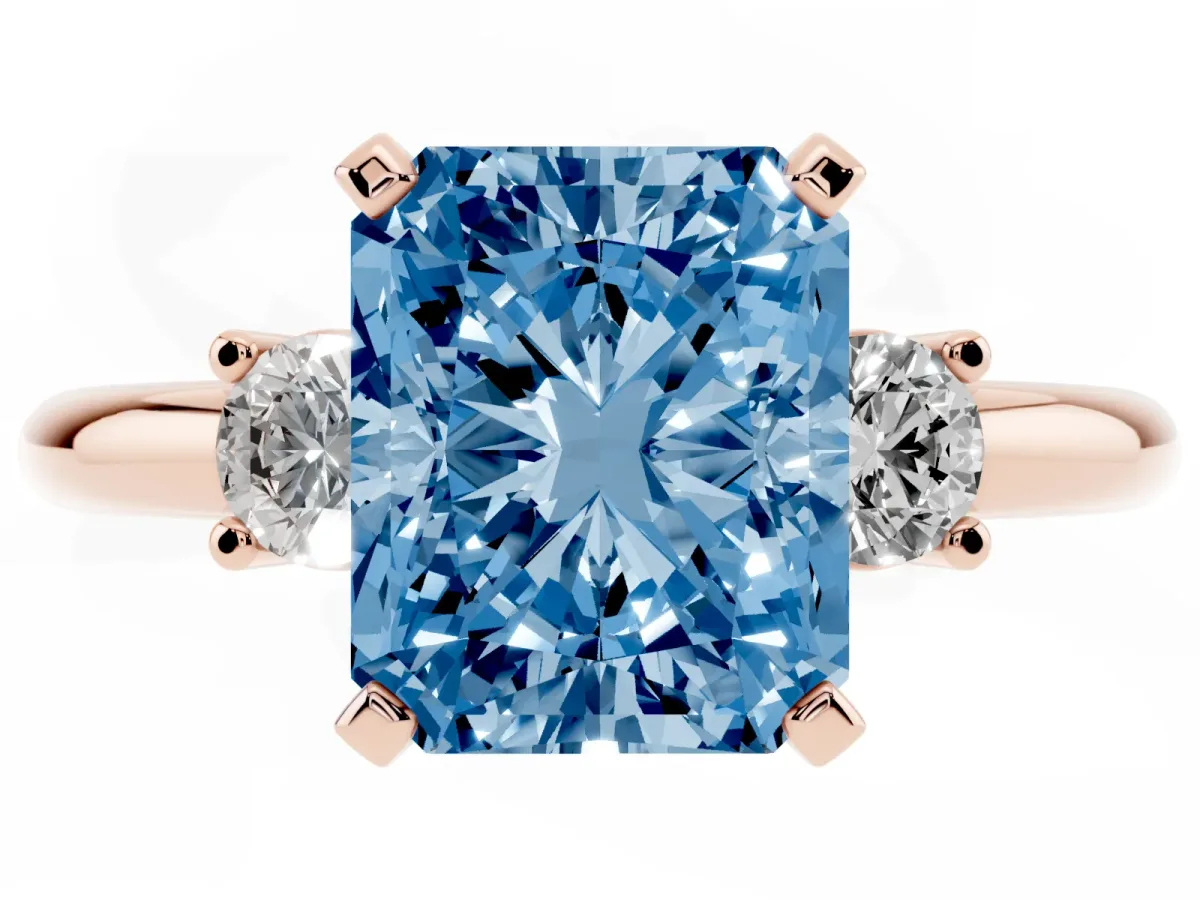 Fancy Blue Three-Stone Radiant Cut Cut Diamond Solitaire with Prong Setting and Classic Band Rose gold