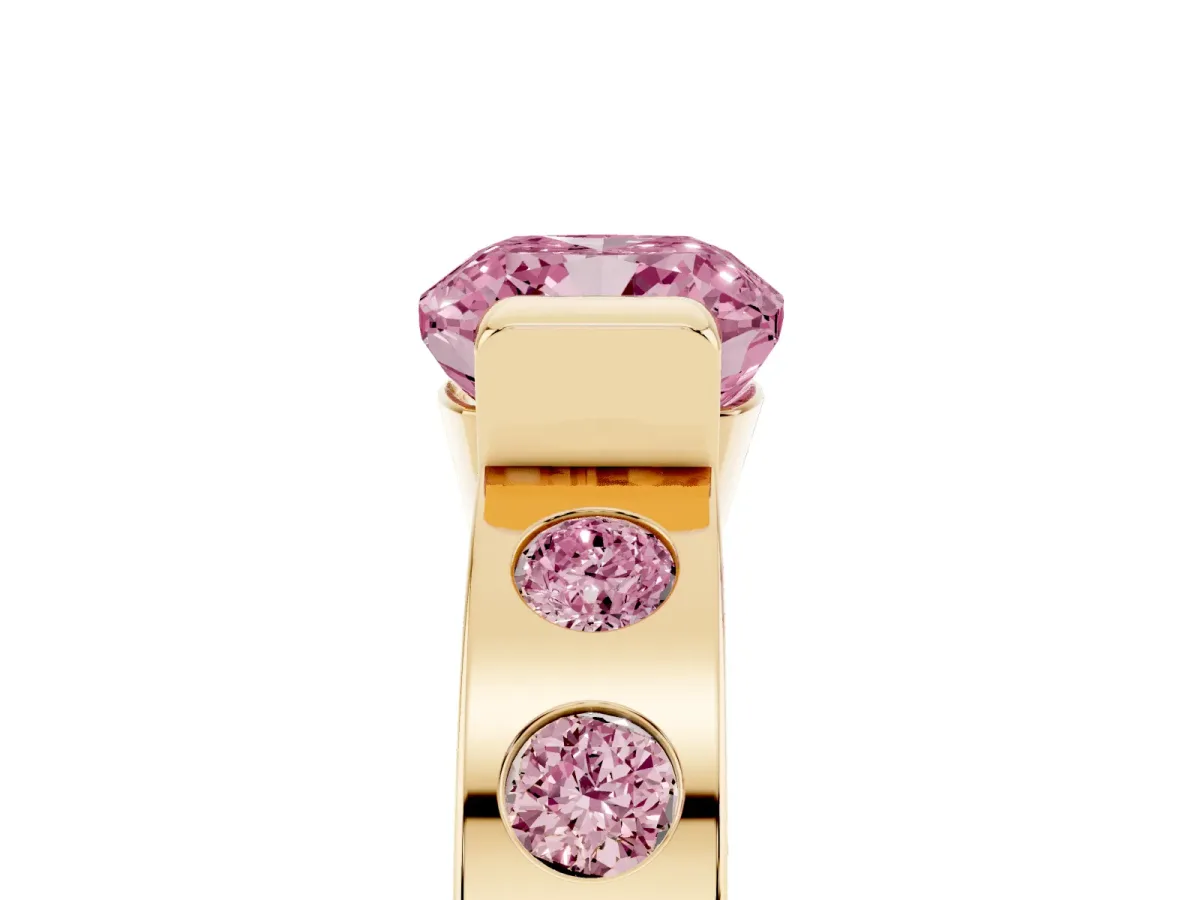 Fancy Pink Cushion Cut Brilliant Channel-Set Diamond Ring with Bezel Prong Setting Yellow gold