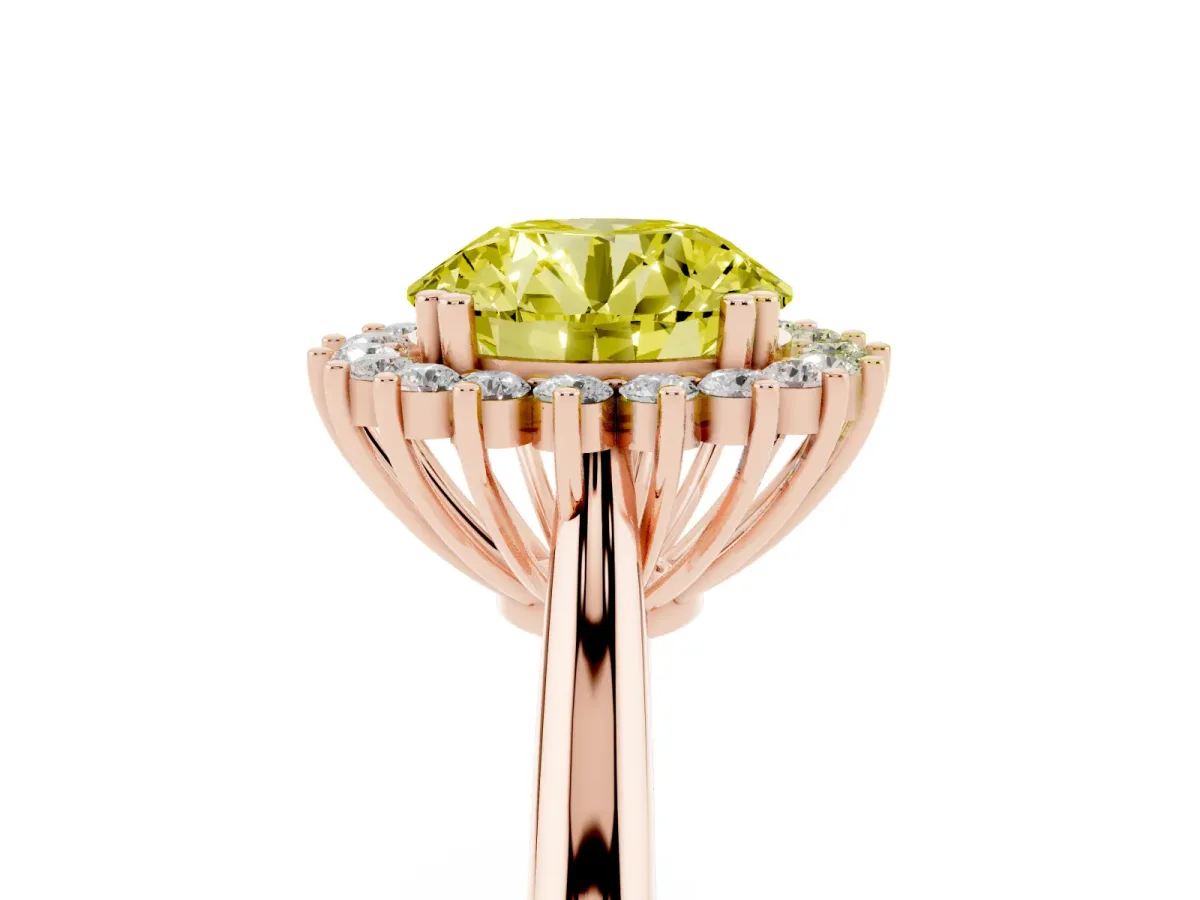 Fancy Yellow Round Cut Cut Diamond Halo Ring with Solitaire Band and Prong Setting Rose gold