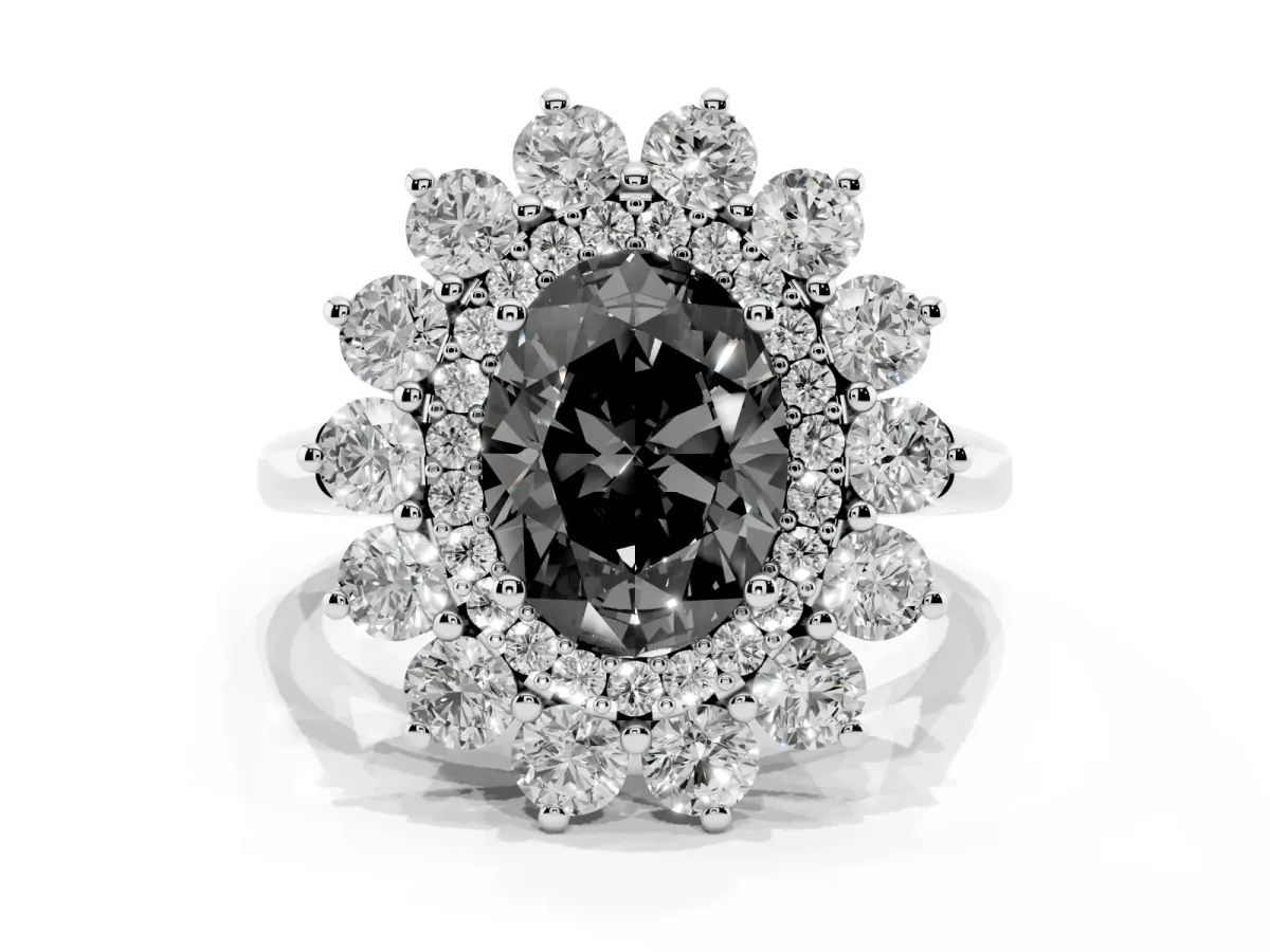 Fancy Black Oval Cut Diamond Floral Double Halo Engagement Ring with Prong Setting Platinum