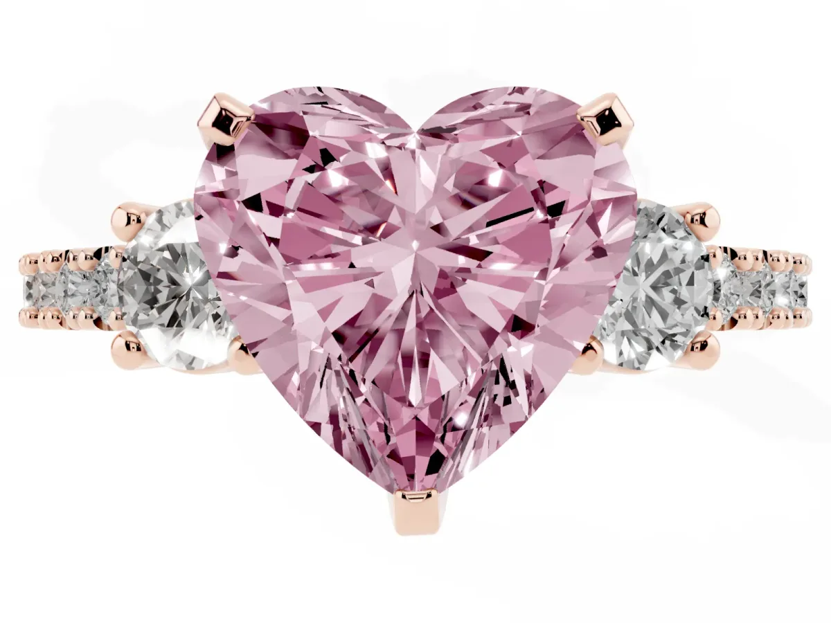 Fancy Pink Heart Cut Three-Stone Diamond Pavé Band with Prong Setting Rose gold