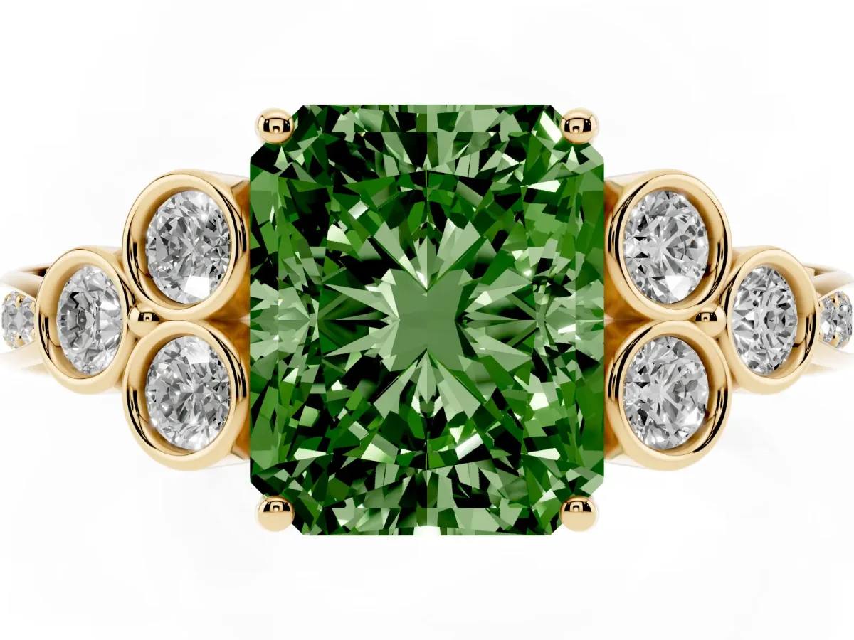 Fancy Green Radiant Cut Cut Diamond Engagement Ring with Bezel Set Round Side Stones and Prong Setting Yellow gold