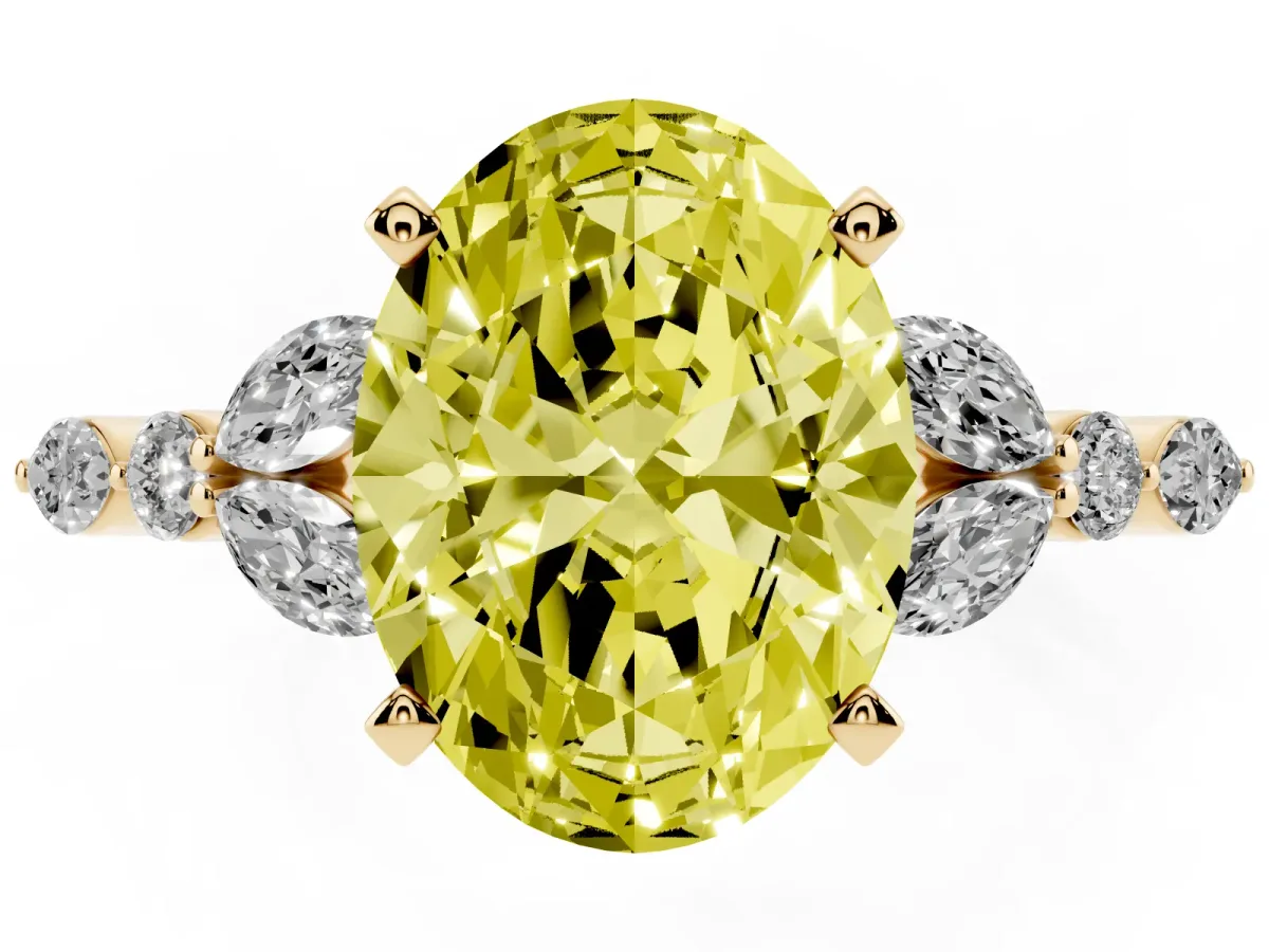Fancy Yellow Oval Cut Diamond Solitaire Ring with Side Stones and Four-Prong Setting Yellow gold