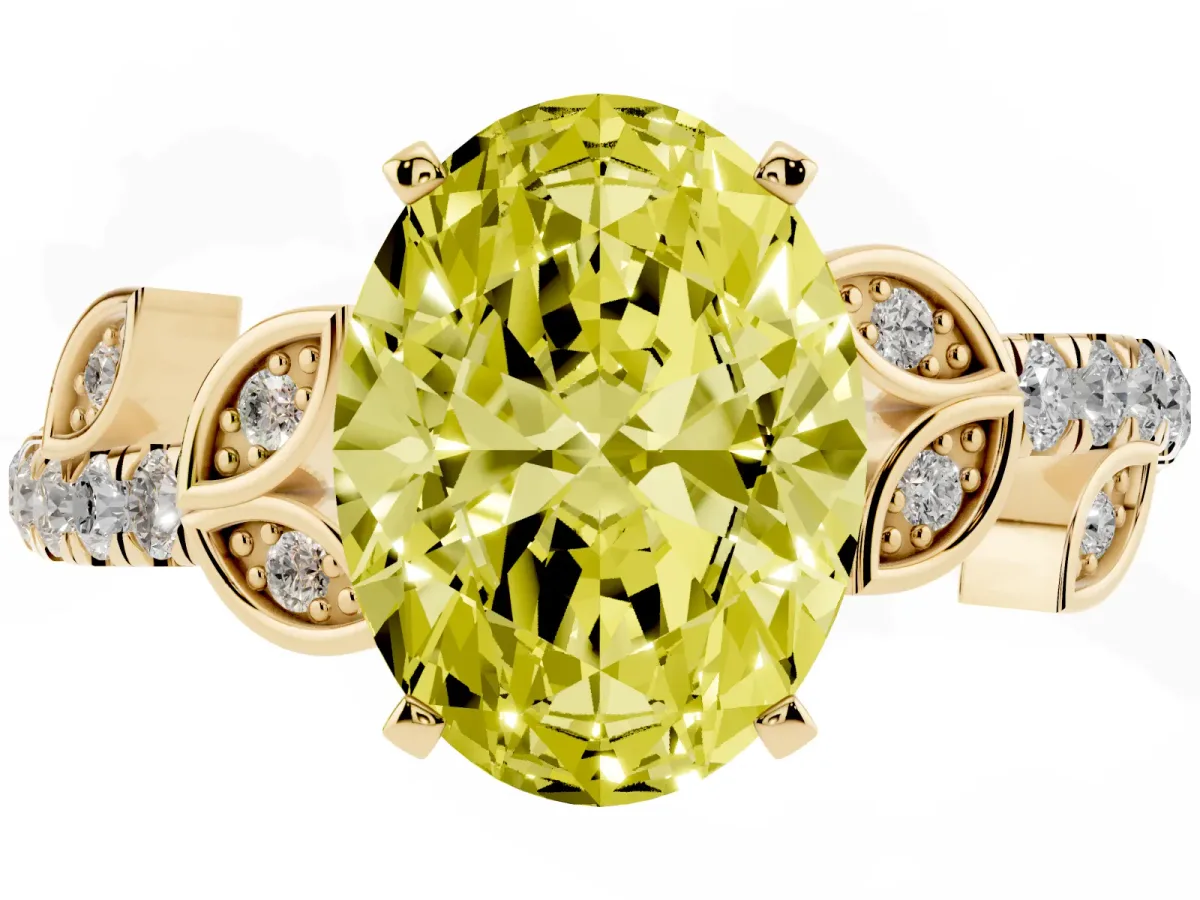 Fancy Yellow Oval Cut Solitaire Leaf-Inspired Diamond Ring with Pavé Band and Four-Prong Setting Yellow gold